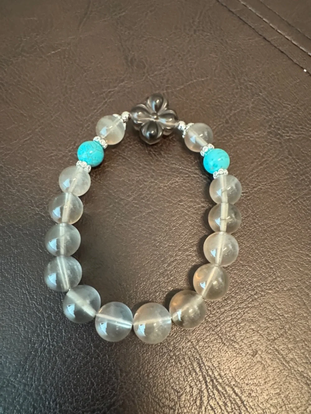 Clear Quartz Beaded Bracelet with Turquoise Accent and Flower Charm